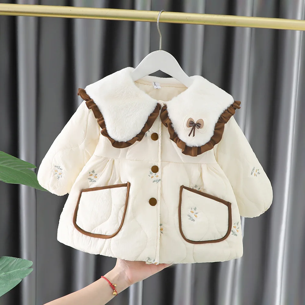 Winter Baby Girls Cotton-padded Coat Lapel Bow Toddler Girls Cardigan Fashion Baby Girl Jacket