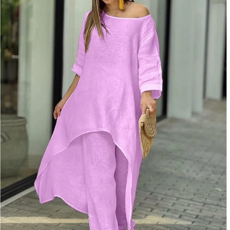 Autumn Casual Irregular Dress Pants Two Piece Sets Women Solid O-neck Long Sleeve Dresses Outfits Office Cotton And Linen Suit