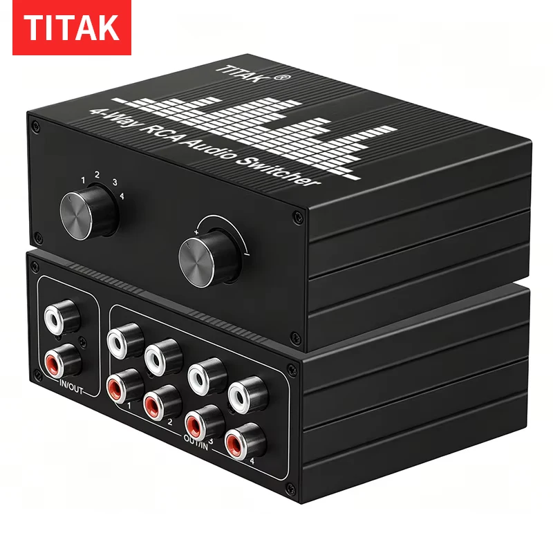 4 Way RCA Stereo Audio Switcher Bi-Directional 1-to-4 or 4-to-1 L/R Selector Box for TV AMP Player Home System