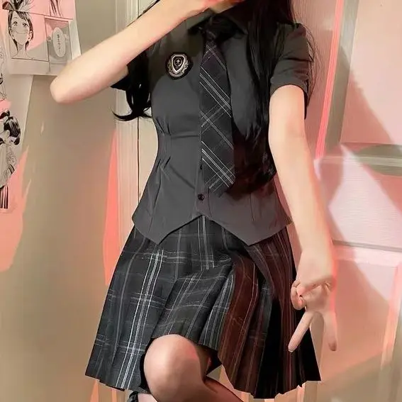 Korea Japan Stijl Hot Girl School Uniform Vrouwen Korte Mouw Blouse Geplooide Korte Rok Tweedelige Set College Stijl Jk Uniform