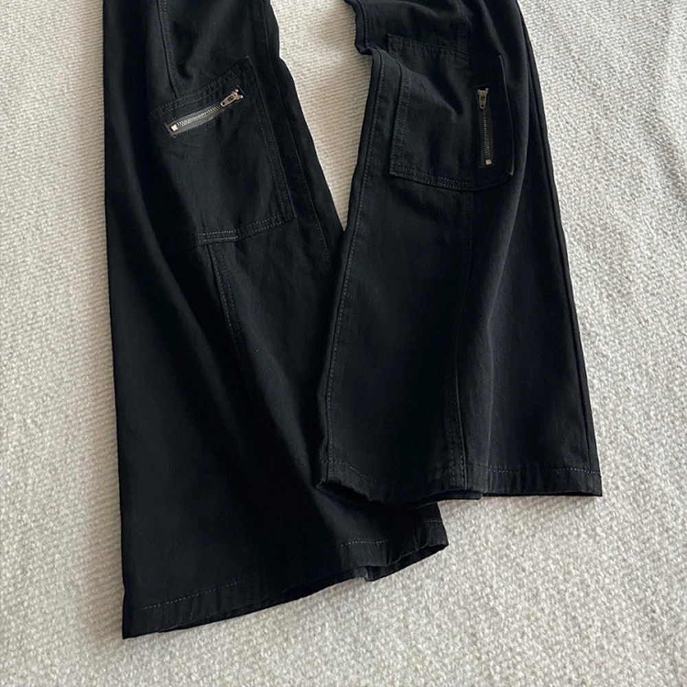 Black Multi-Pocket Flared Trousers Solid Color Denim Pants Slimming Bootcut Jeans Straight Leg Minimalist Style Daily Wear