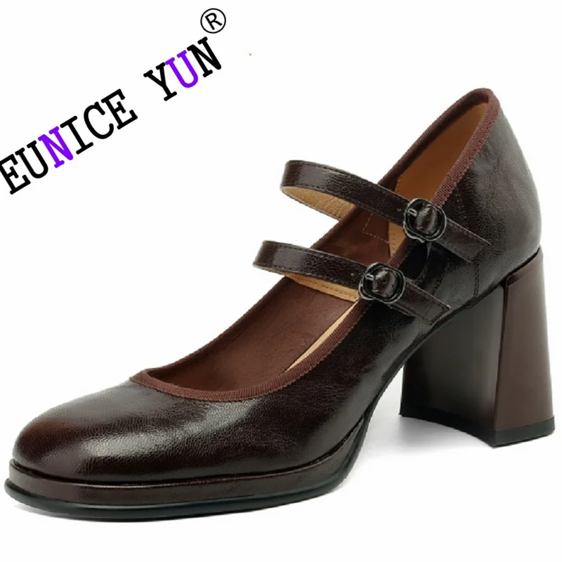 

【EUNICE YUN】Retro Casual Women Pumps Genuine Leather High Heel Mary Janes Shoes New Arrival Metal Buckle Concise Pumps 33-40