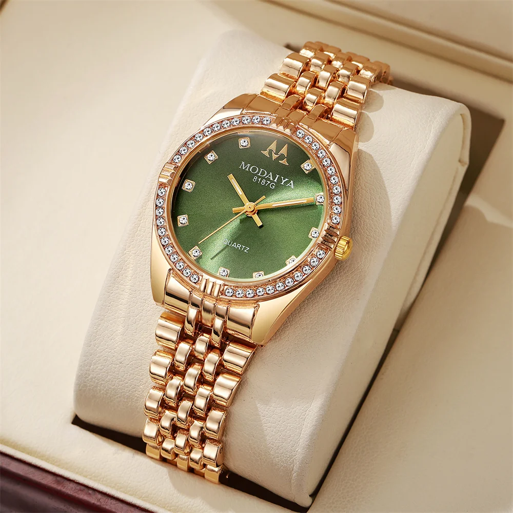 Fashion Large dial ladies simple inlaid diamond English Watch Casual rose gold stainless steel strap Women Dress Business Watche