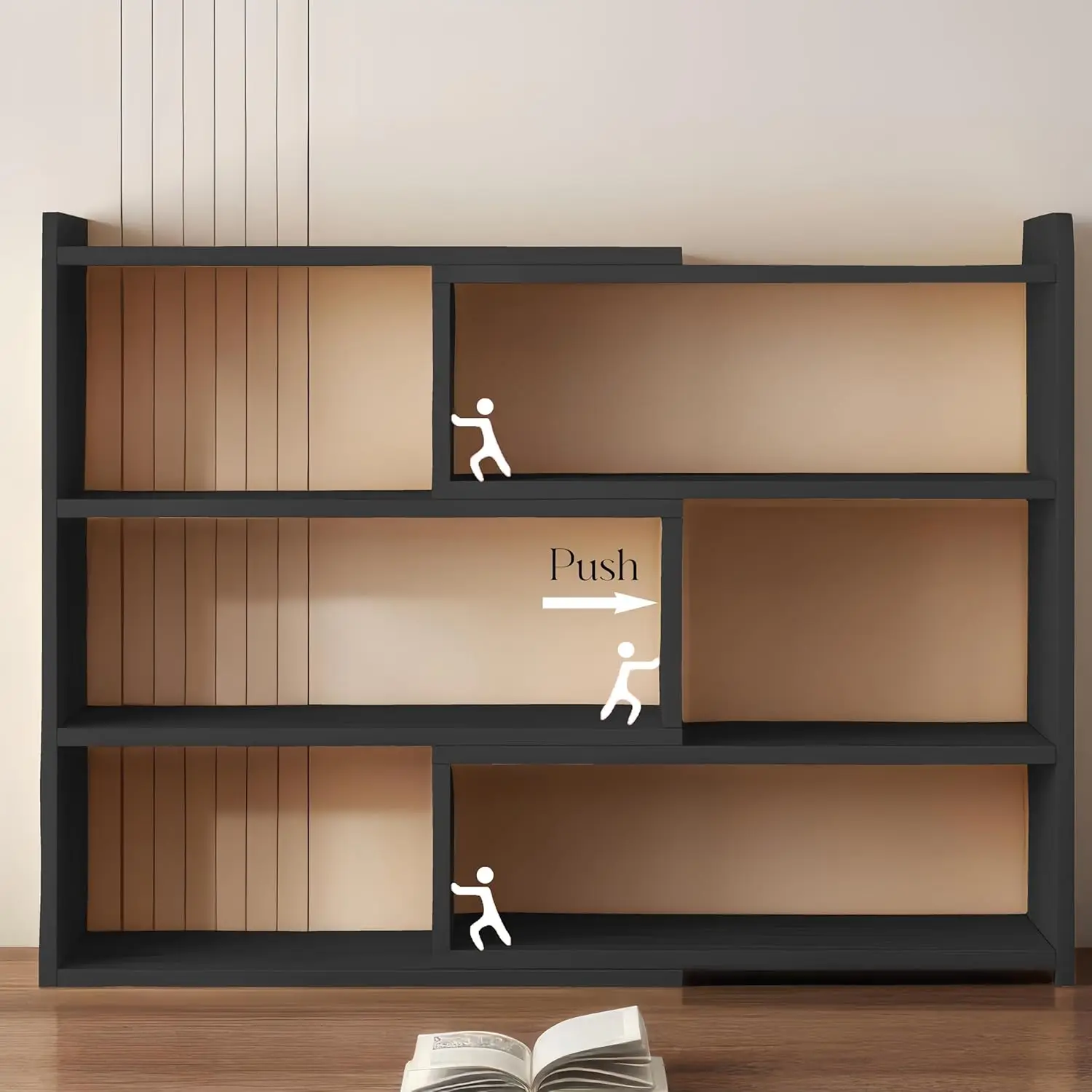 4-Tier Wooden Bookshelf, Expandable 25-47 inch Wide Bookcase, Modern Freestanding Bookcas for Small Space or Corner (Black) image 3