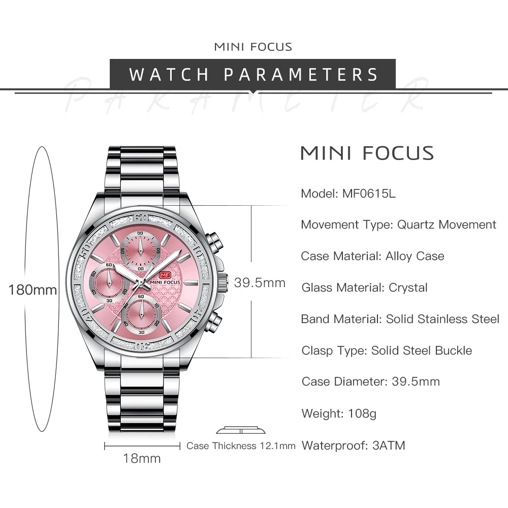 MINI FOCUS Pink Dial Watch for women with Diamonds Luxury stainless steel Bracelet Watch 0615L