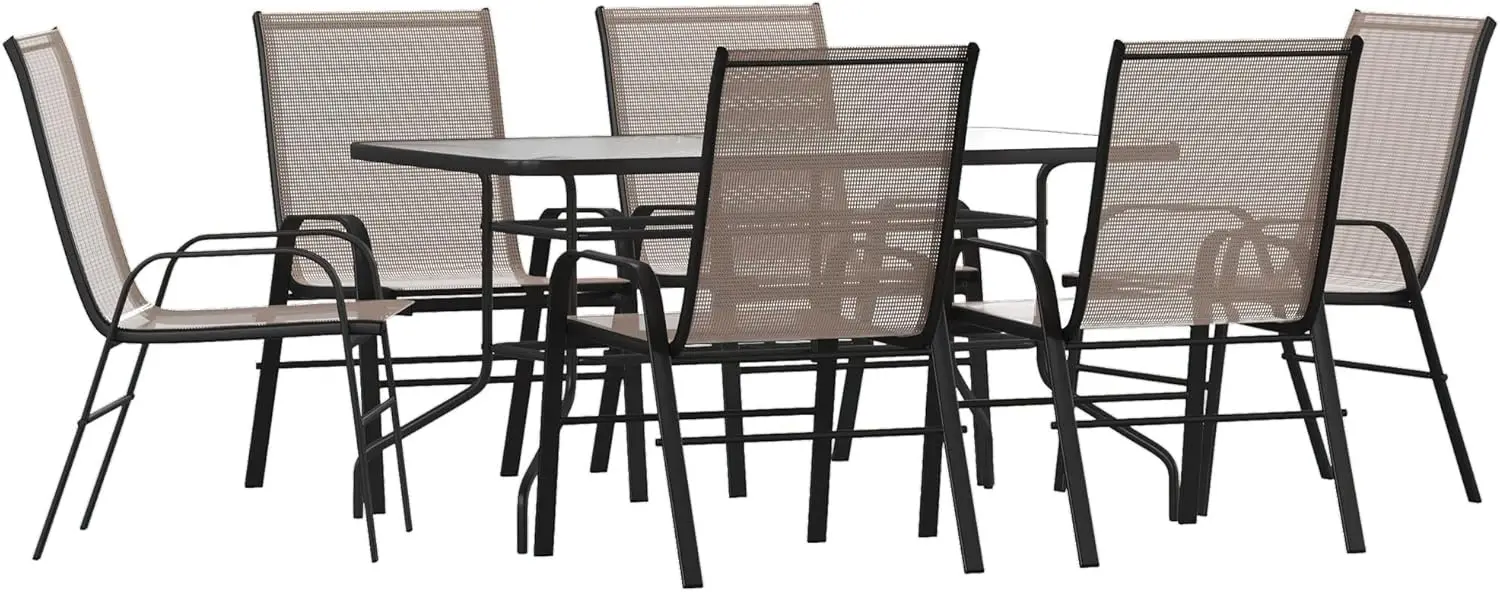 7-delige Glazen Terrastafel En Stoelen Set, Buitenterras Eetset Met Rechthoekige Tafel, 6 Sling Terrasstoelen, Bruin