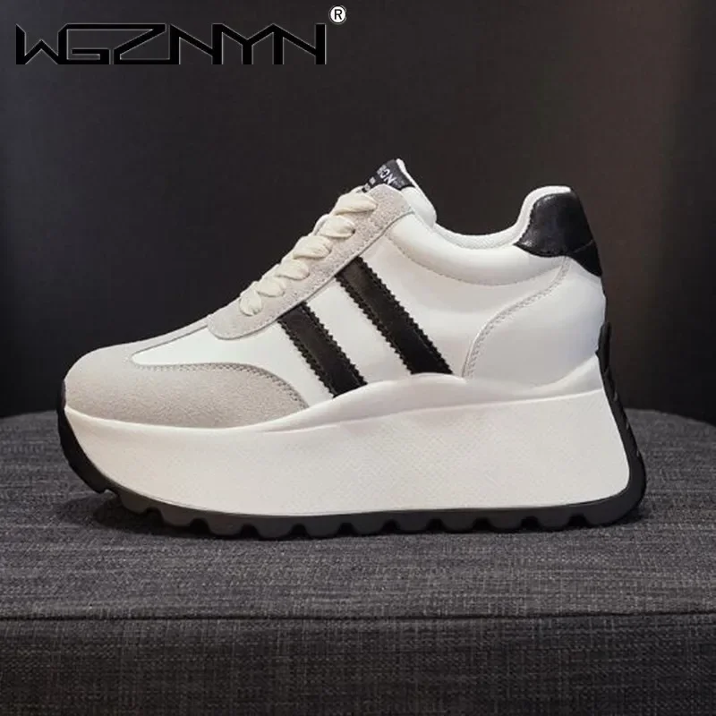 

Top Quality Genuine Leather Platform Wedge Women Spring Autumn 8cm Chunky Sneakers Shoes Breathable Comfortable Vulcanize Boots