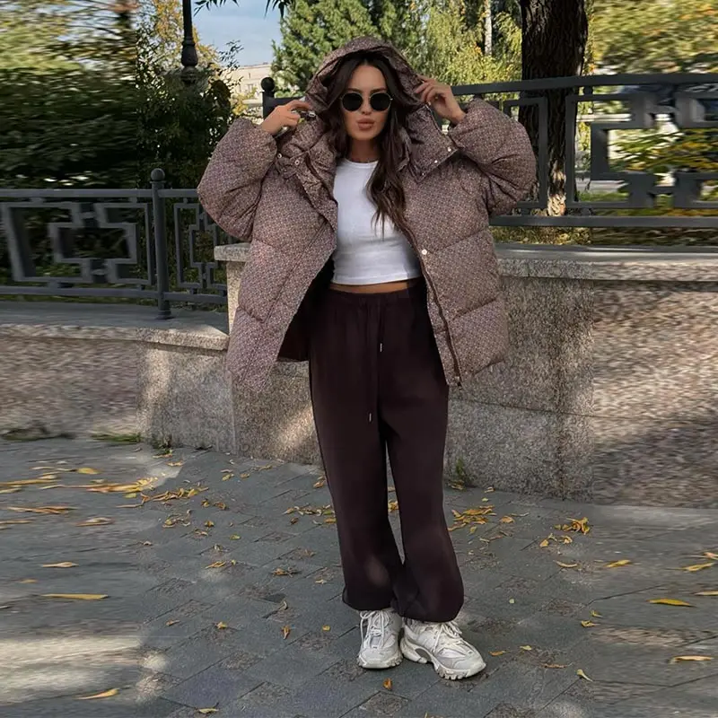 Bedruckte Damen-Pufferjacke mit Kapuze, Reißverschluss vorne, Langarmjacke, Oversize-Freizeitmantel, 2026, warme, modische Streetwear-Oberbekleidung – Detail 8