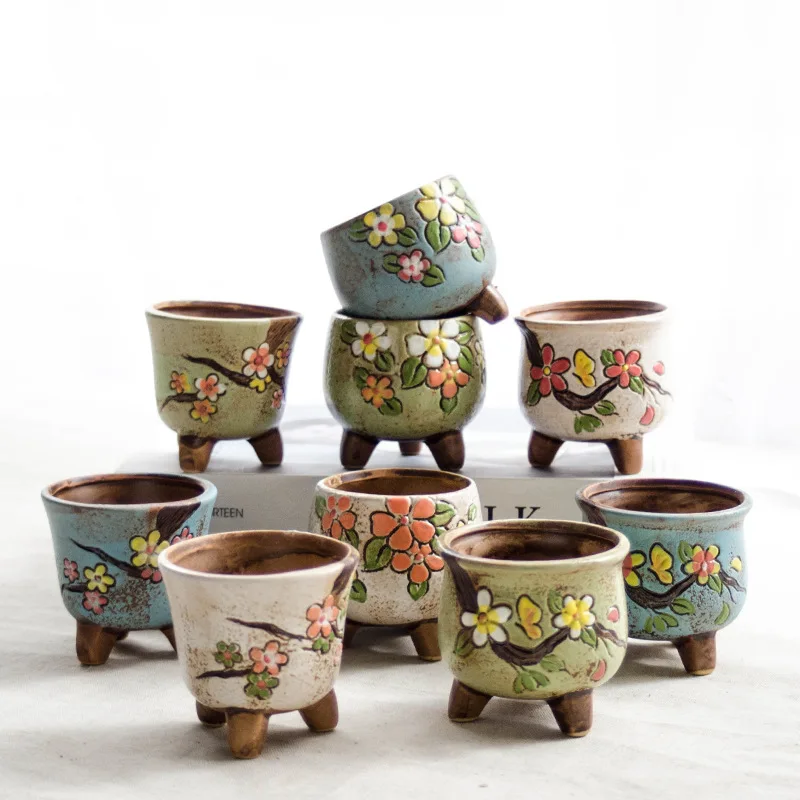 Mini Floral Hand Drawn Ceramic Planter Tripod Design Porcelain Succulent Pot Cactus Container Tabletop Botanical Ornament