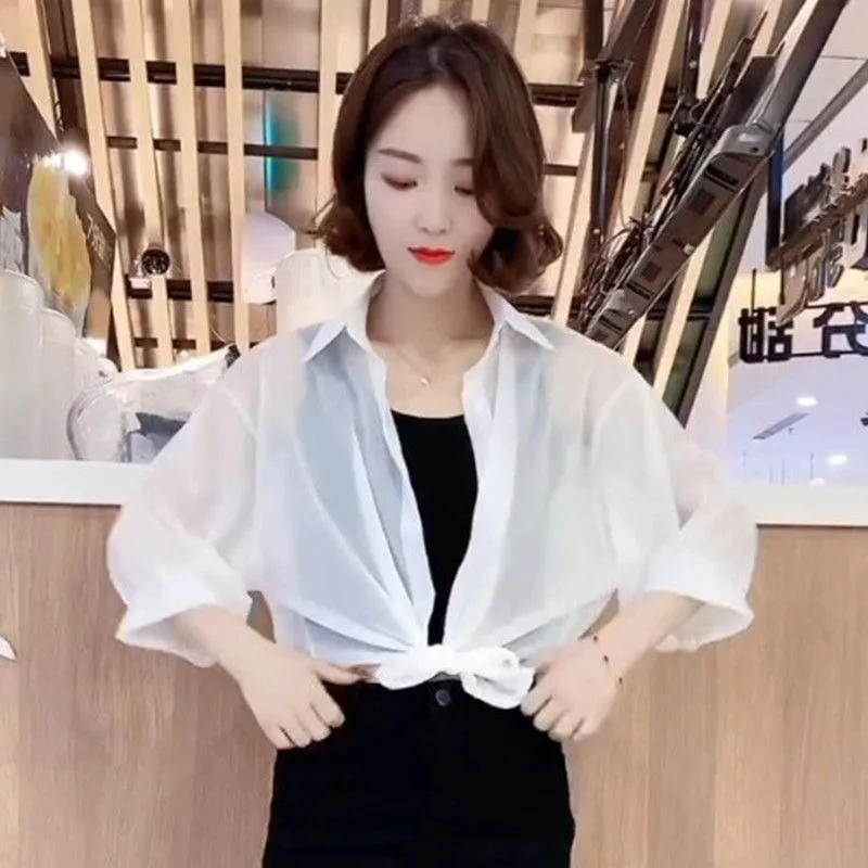 618 Women Clothes Casual Fashion Simplicity  Trend Solid Color Turn-down Collar half Sleeve Women Shirts Shawl Single piece top