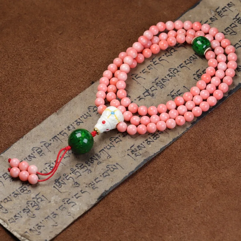 Pink Coral Multi-Strand Bracelet with Women's Sea Bamboo Prayer Beads Necklace
