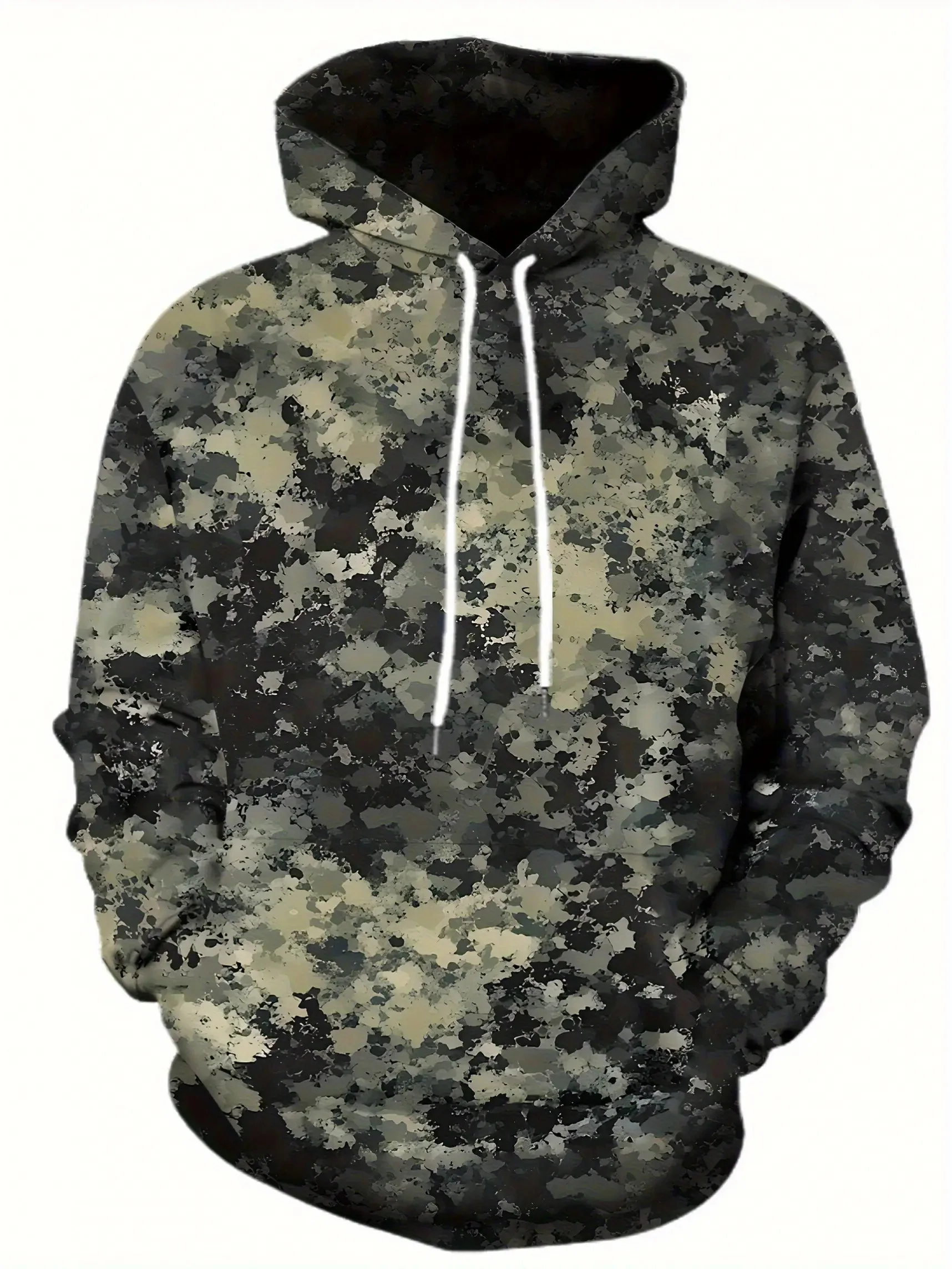 سويت شيرت بغطاء للرأس مطبوع مموه، فضفاض، أكمام طويلة، نمط بلوفر، قماش متين ومريح