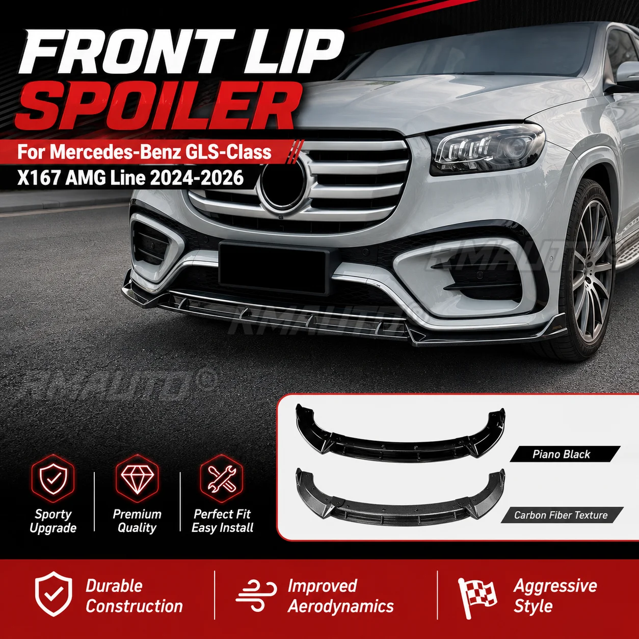 Front Lip Spoiler AMG Style Front Bumper Splitter Carbon Fiber Look For Mercedes-Benz GLS-Class X167 2024-2026 Car Accessories