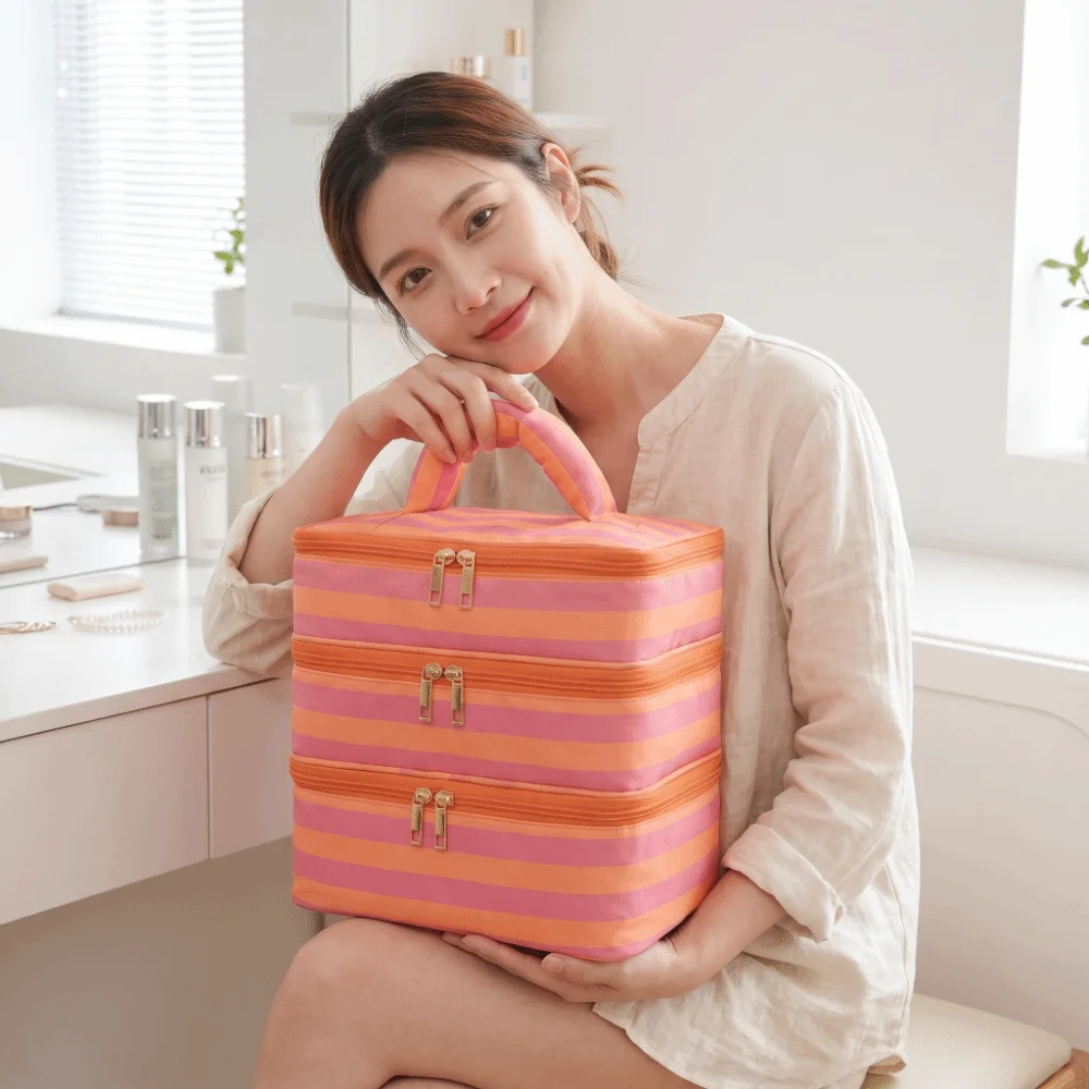 Polyester Multi-Layer Cosmetic Bag Macaron Color Large Capacity Striped Toiletry Bag Handheld Waterproof Zipper