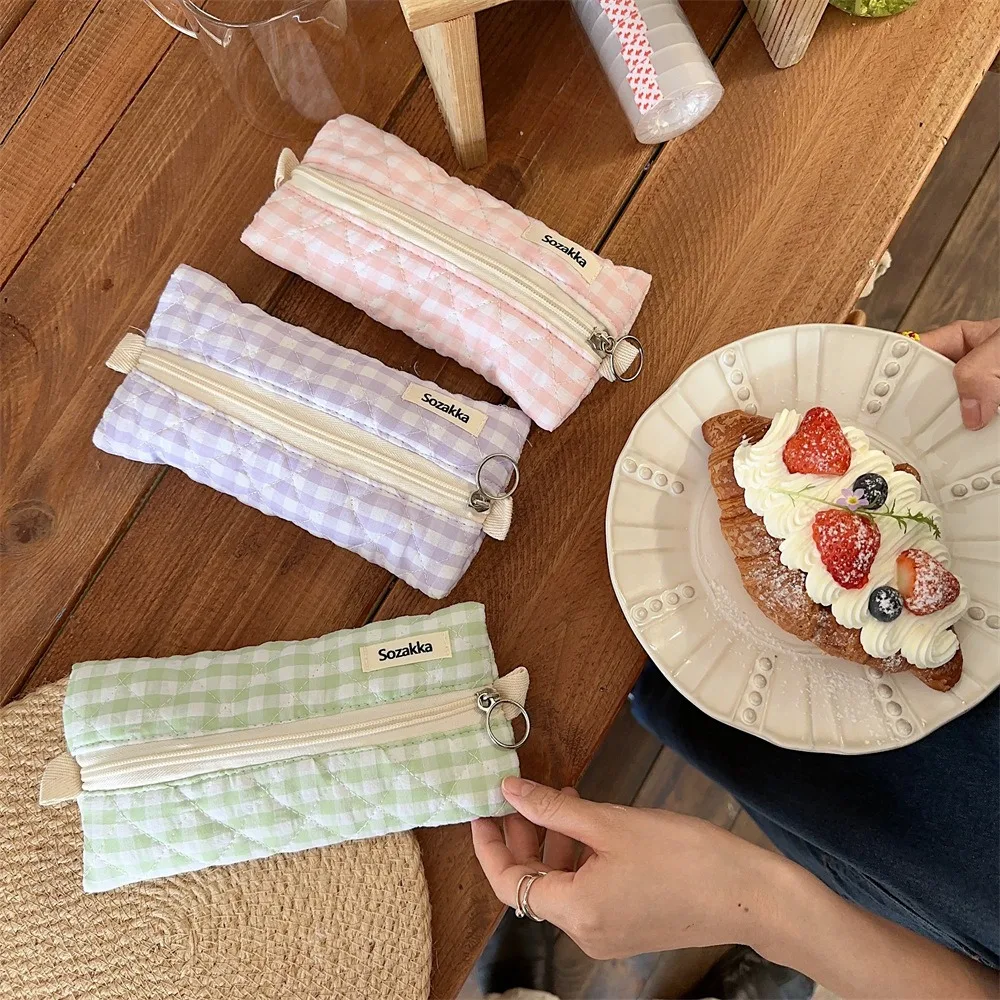Large Capacity Plaid Pen Bag Makeup Brush Pouch Korean Style Stationary Cloth Box Simple Portable Sewing Pencil Case Girl