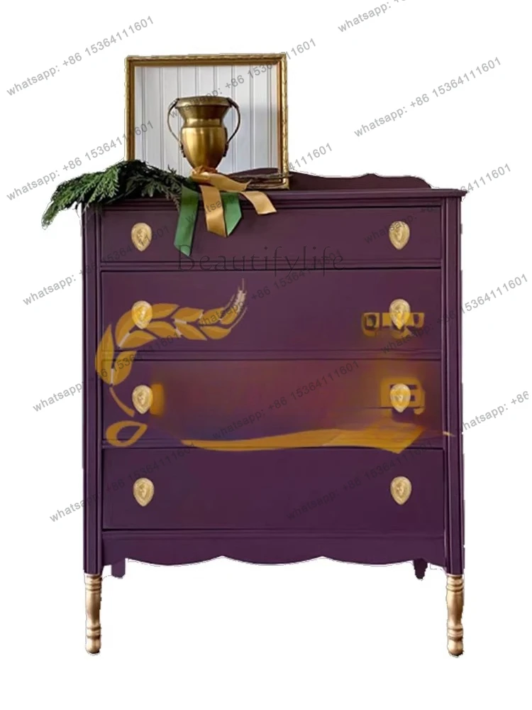 French vintage solid wood chest of drawers dark purple American light luxury modern and simple