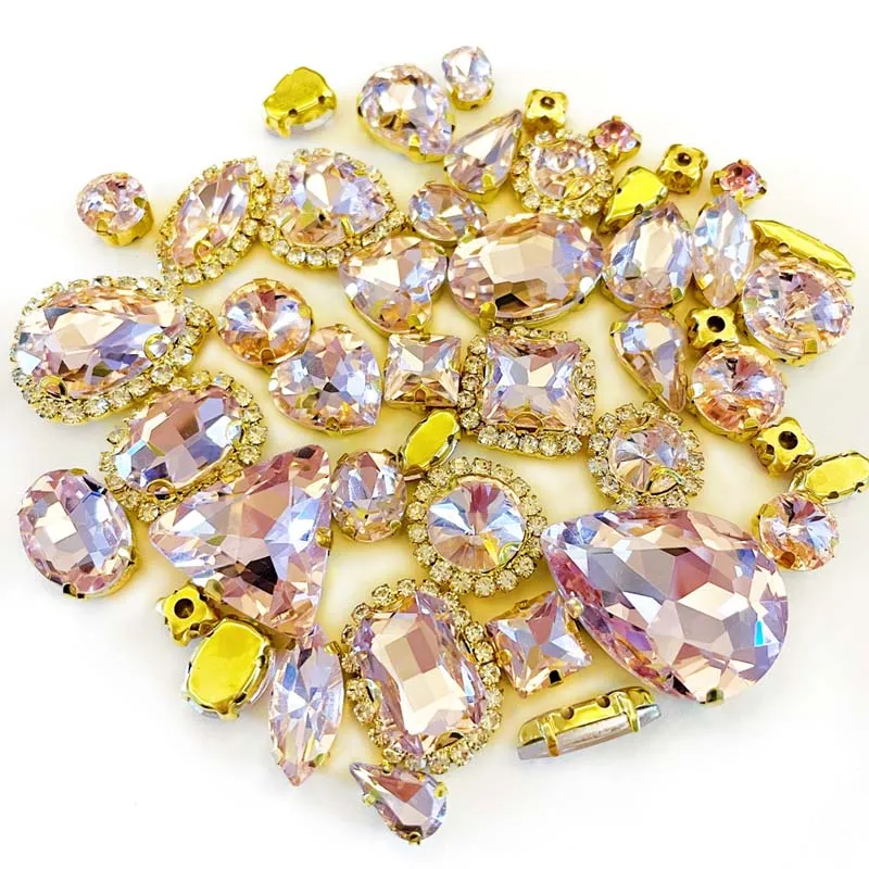 

Mixed 58Pcs Pink Glass Rhinestones, Golden Crystal Buckle, Sewing Accessories, Use for Needlework, DIY Clothing Decoration