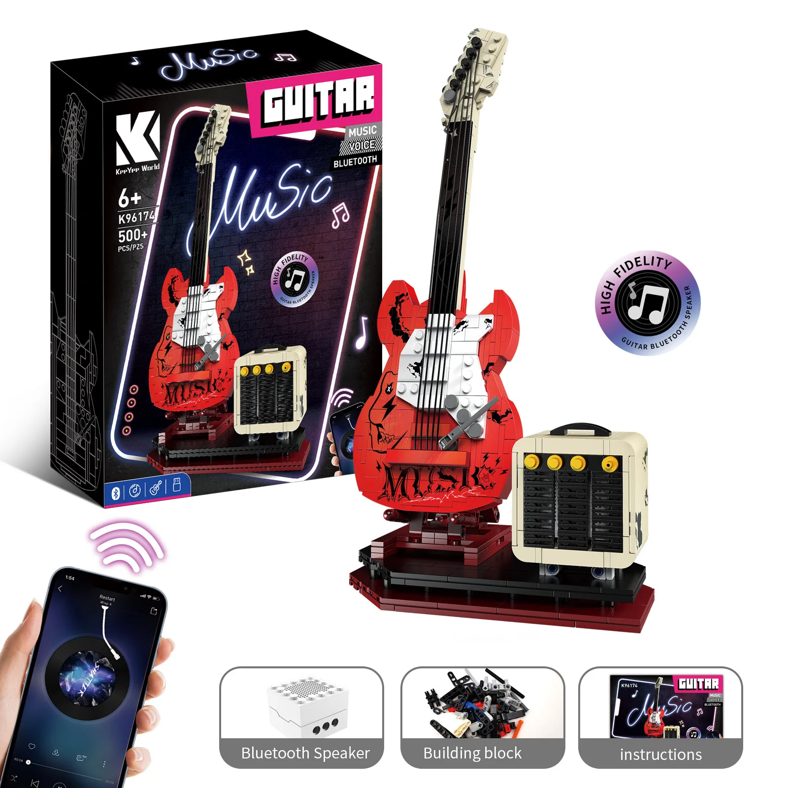 Guitarra Eléctrica con altavoz para niños y niñas, decoración creativa, aplicación Bluetooth, conectar MOC, bloques de construcción, juguete de