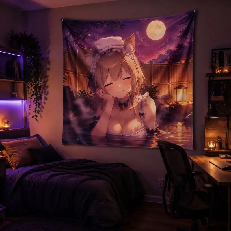 VIKAMA Pink Cat Maid Anime Tapestry, Kawaii Aesthetic Wall Hanging, Cute Floral Blanket for Girls Bedroom Dorm Decor