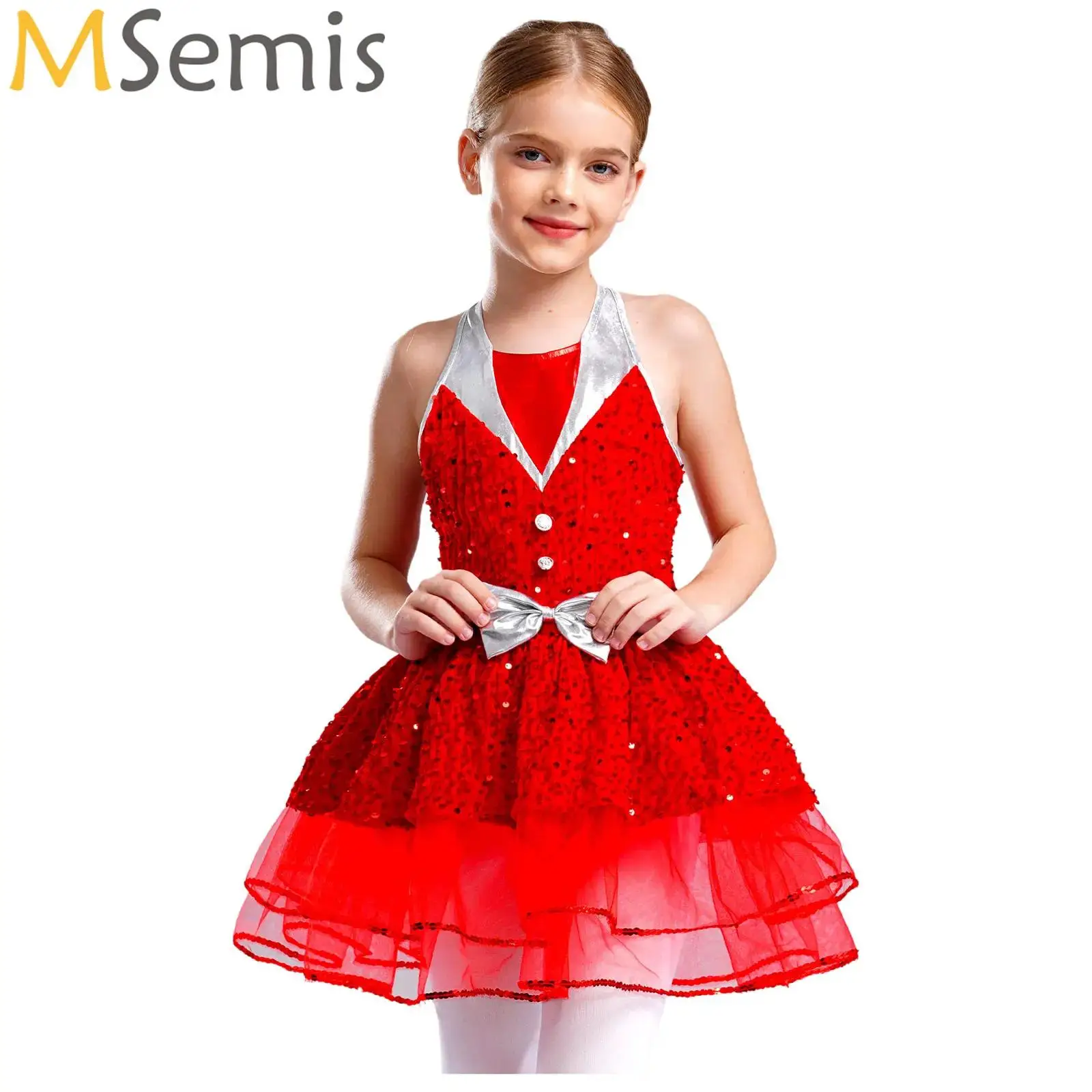 

Kids Girls Ballet Dance Dress Gymnastics Leotard Sequins Stage Performance Lyrical Figure Skating Dancewear Christmas Costume