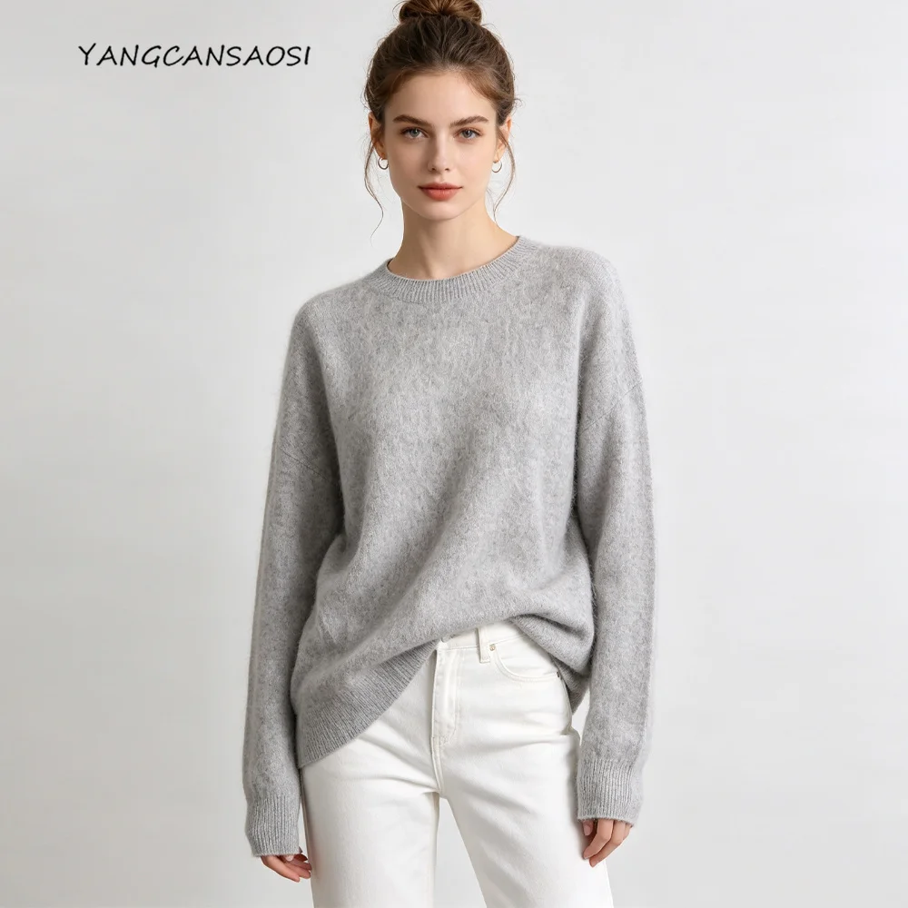 Women's New Seamless One Piece Lazy Loose 90%Wool 5%Cashmere 5%Natural Mulberry Silk Blended Knitted Round Neck Knitted Sweater
