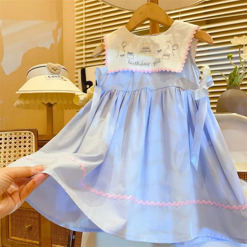 New Girls\' Summer Blue Heavy Industry Dress Baby Western Style Doll Collar Vest Skirt Cartoon Skirt