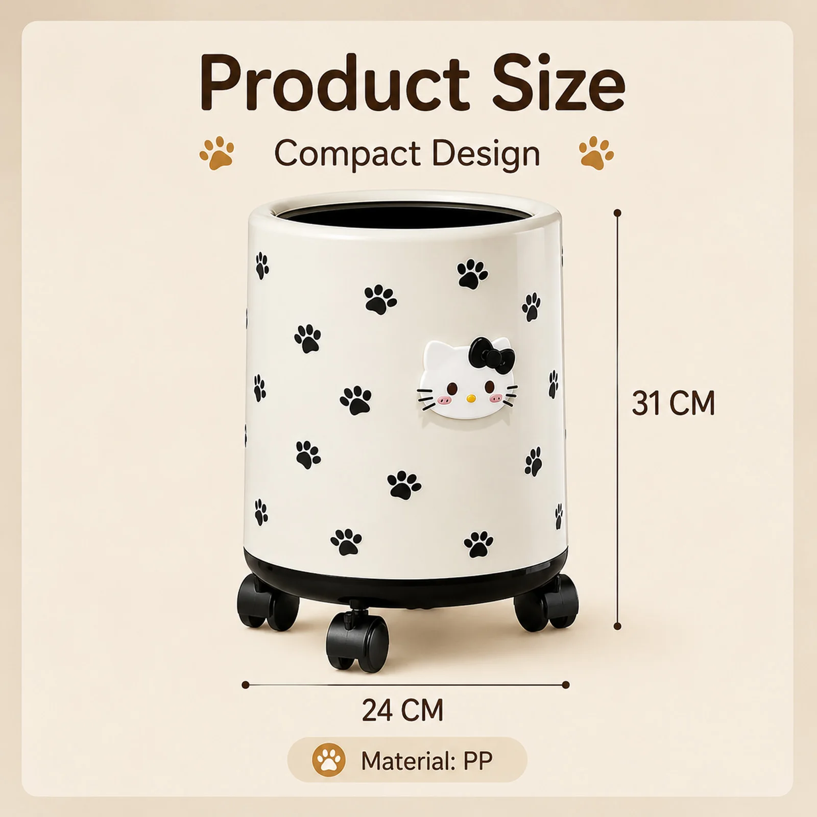 Sanrio Hello Kitty Rolling Trash Can with 360 Universal Wheels Large Capacity Household Waste Bin with Free DIY Stickers view 6