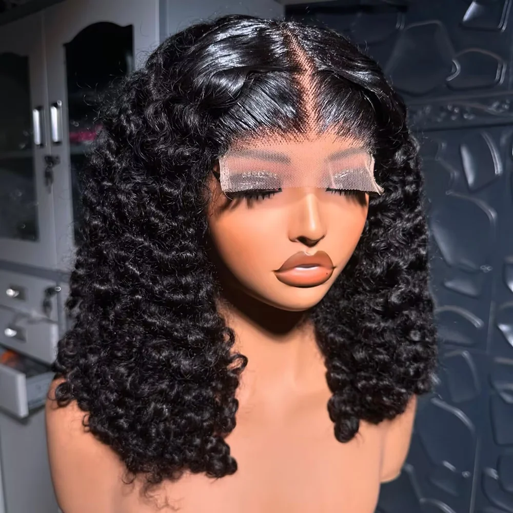 

Curly Short Bob Wigs Brazilian Human Hair 13X4 Lace Front Wigs 200% Density Deep Wave Bob Wigs Natural Black Color Pre Plucked