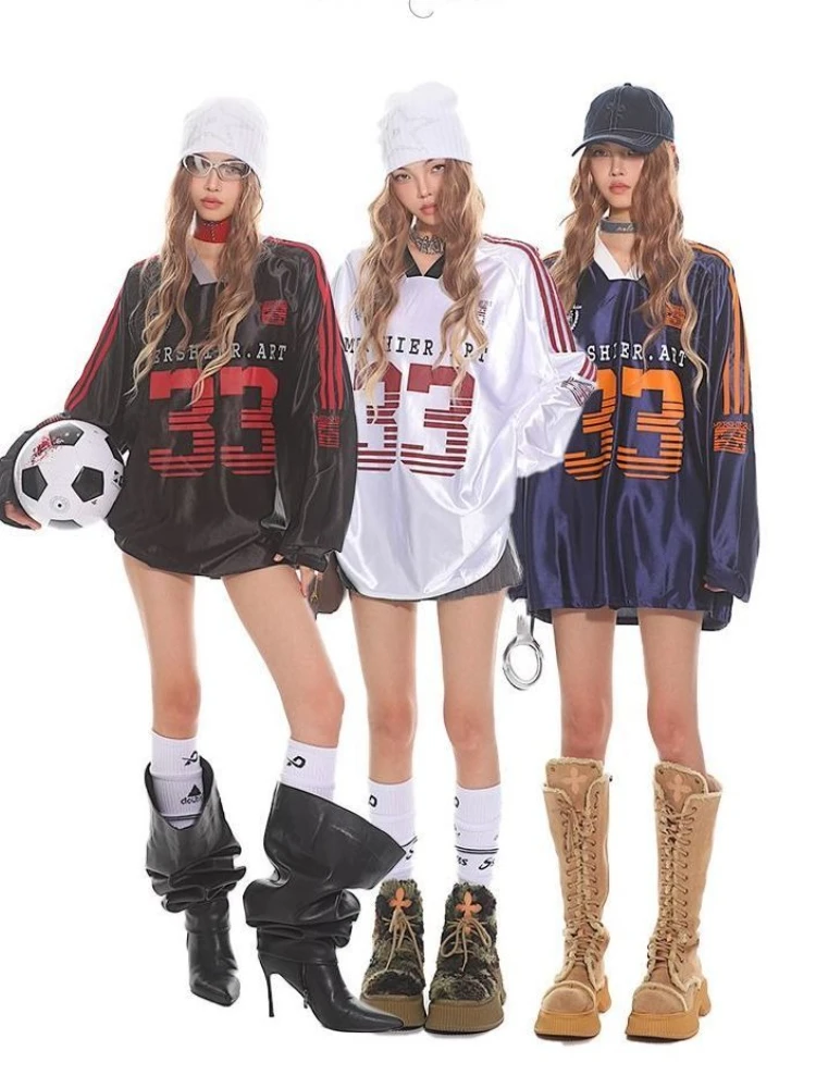 جديد الأمريكية الرجعية التباين اللون قميص رياضي بأكمام طويلة تي شيرت Y2K عادية فضفاض مخطط زوجين البلوفرات القمم الشارع الشهير