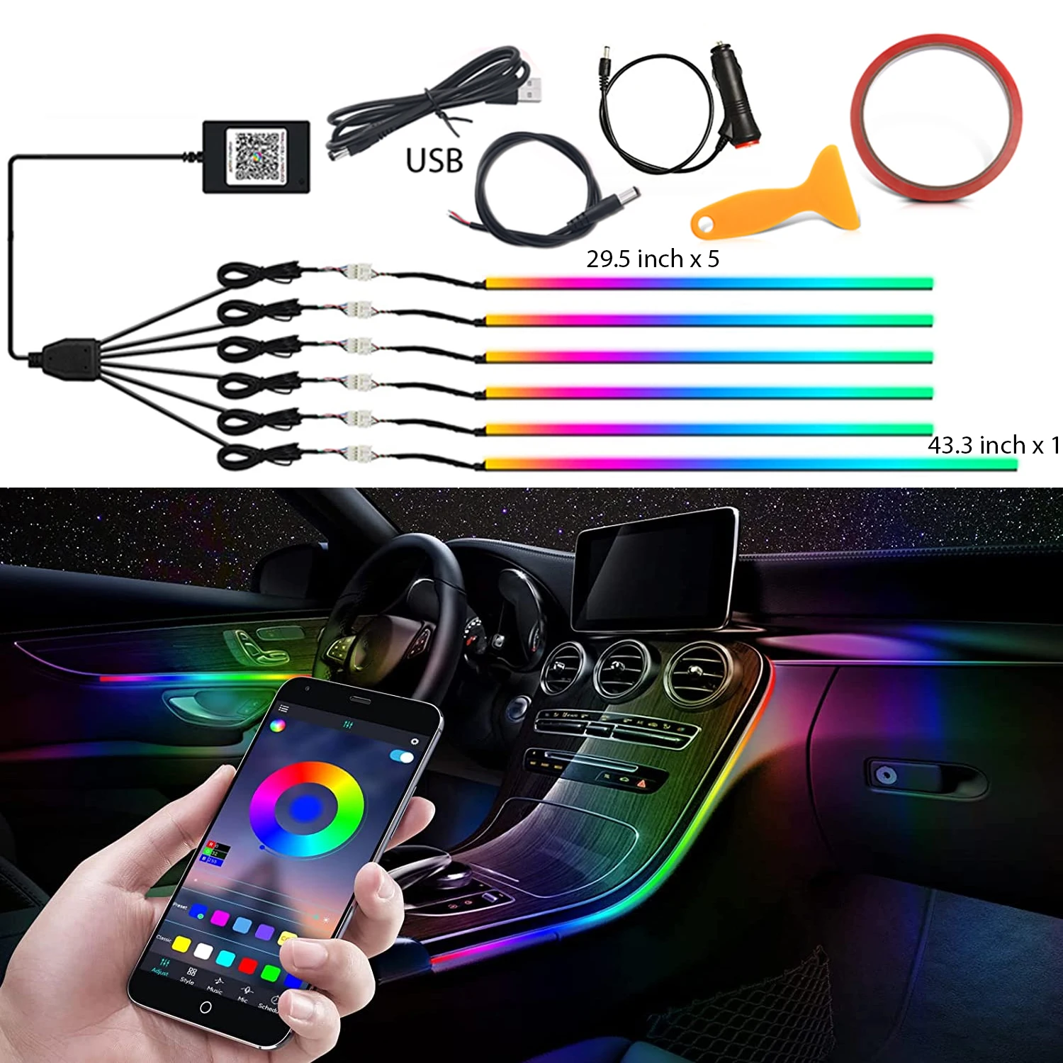 2/5/6 in 1 Symphony Ambient Light Car Interior Accessories Neon Lamp Rainbow LED Acrylic Atmosphere Strip With USB Cigarette 12V