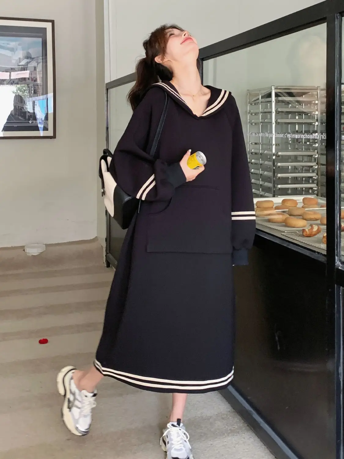 Korejpaa Preppy Style Navy Collar Dresses Women 2024 Autumn Clothes Korean Fashion Slimming Casual Striped Long Sleeve Vestidos