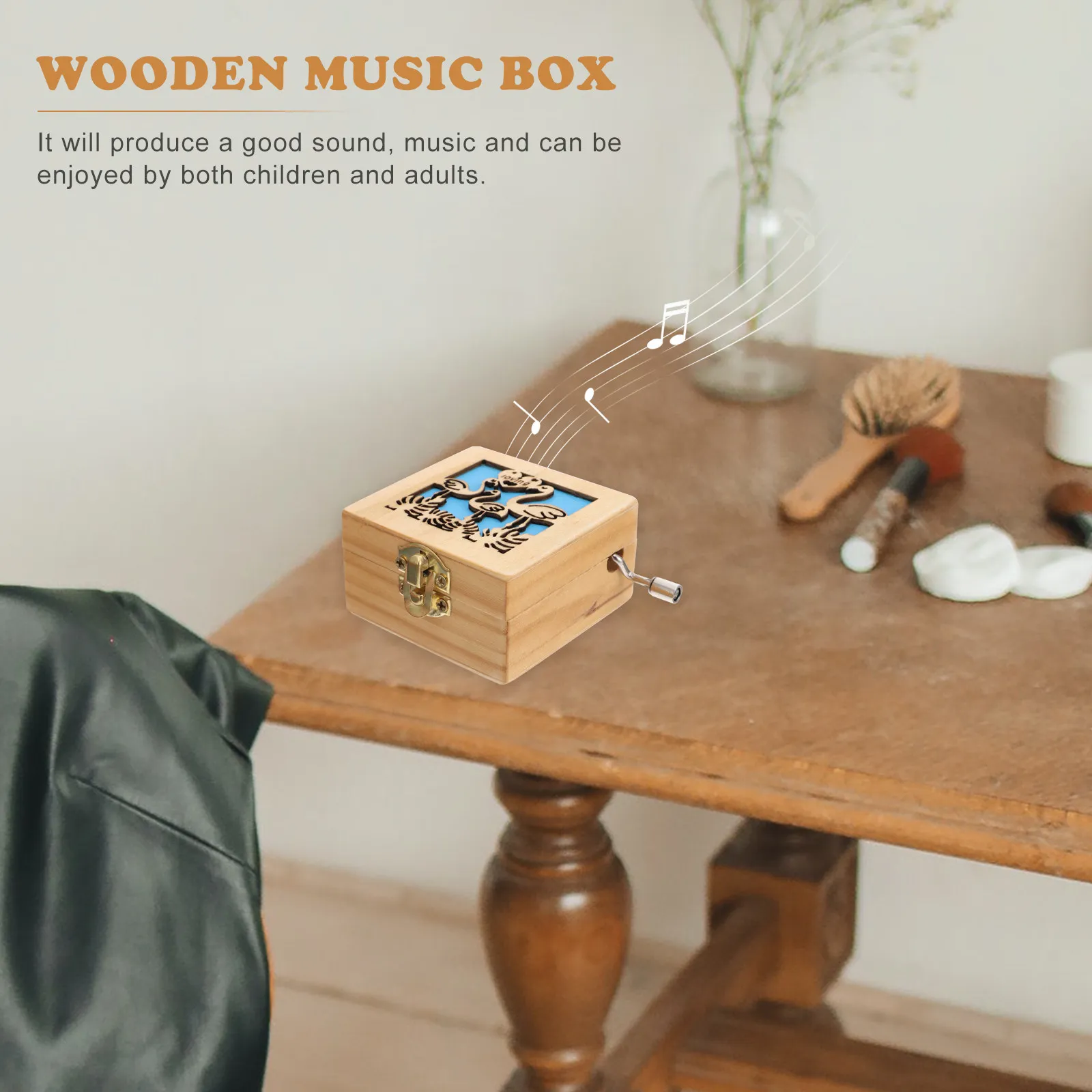 1Pcs Hand-Cranked Flamingo Music Box Wooden Desktop Decor Home Adornment Vintage Melody Box Lovely Table Decor Engraved Design