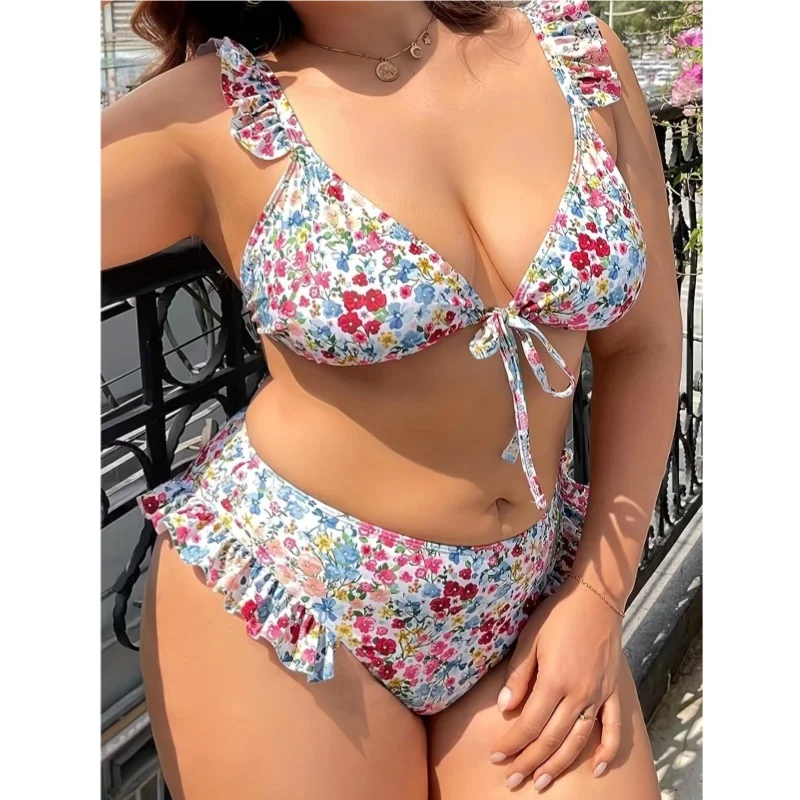Zestawy seksowne Bikini Plus Size strój kąpielowy kobiety wyściełany wysoki stan 2 częściowy strój kąpielowy marszczony letni strój kąpielowy