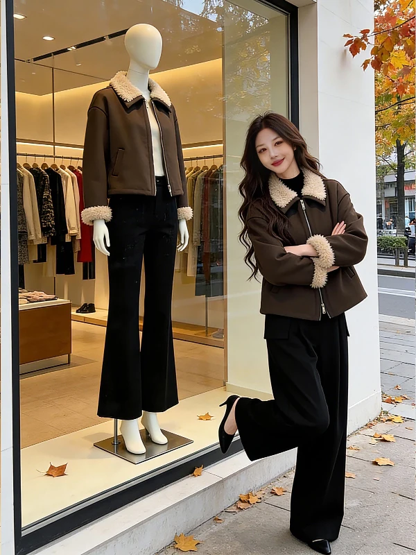 Retro sle ort algodão jaet casaco de camurça de pele de cordeiro feminino corte reto commute amigável cor pura sem chapéu