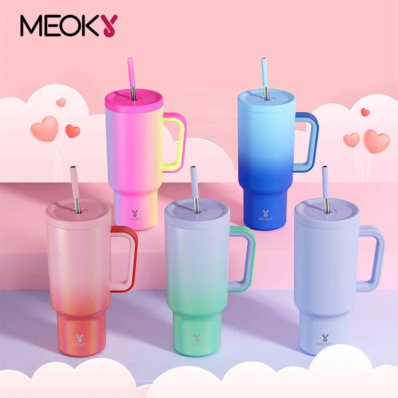 Meoky 40oz Cup Stainless Steel Vacuum Insulated Cup Tumbler with Straw Lid Coffee Car Mug Large Capacity Water Bottles Juice Cup