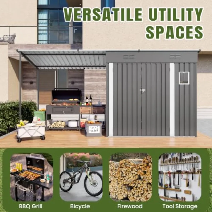 Outdoor storage shed and gazebo combo unit for backyard garden use, metal construction, gray color, dual-function 12x4FT shed w