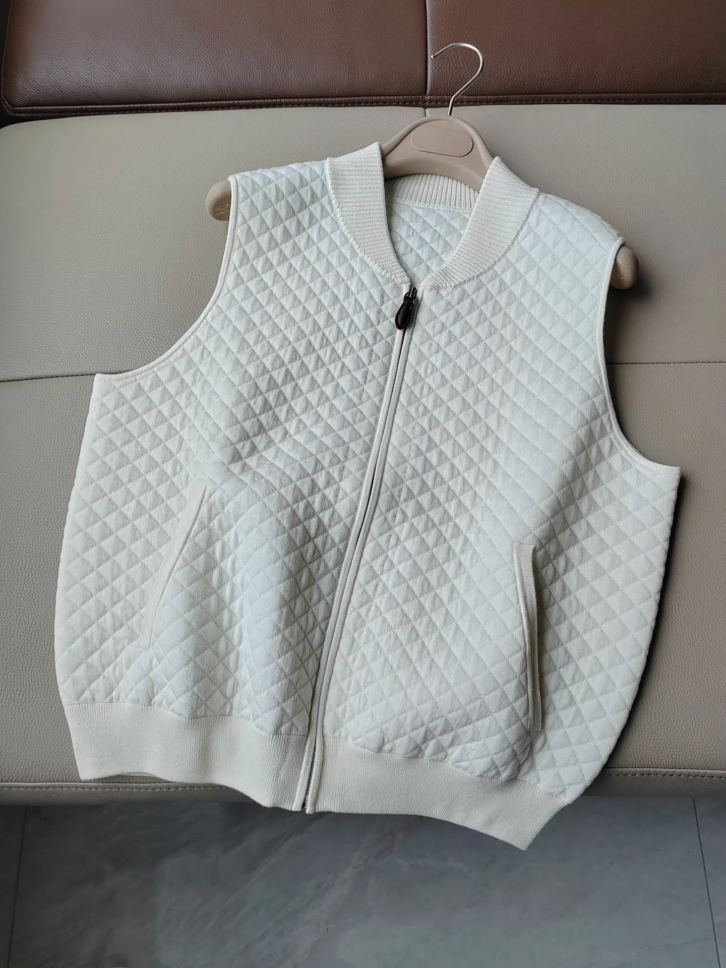Women's Wool Retro Diamond Jacquard Fleece Baseball Collar Zip-Up Sleeveless Knit Vest