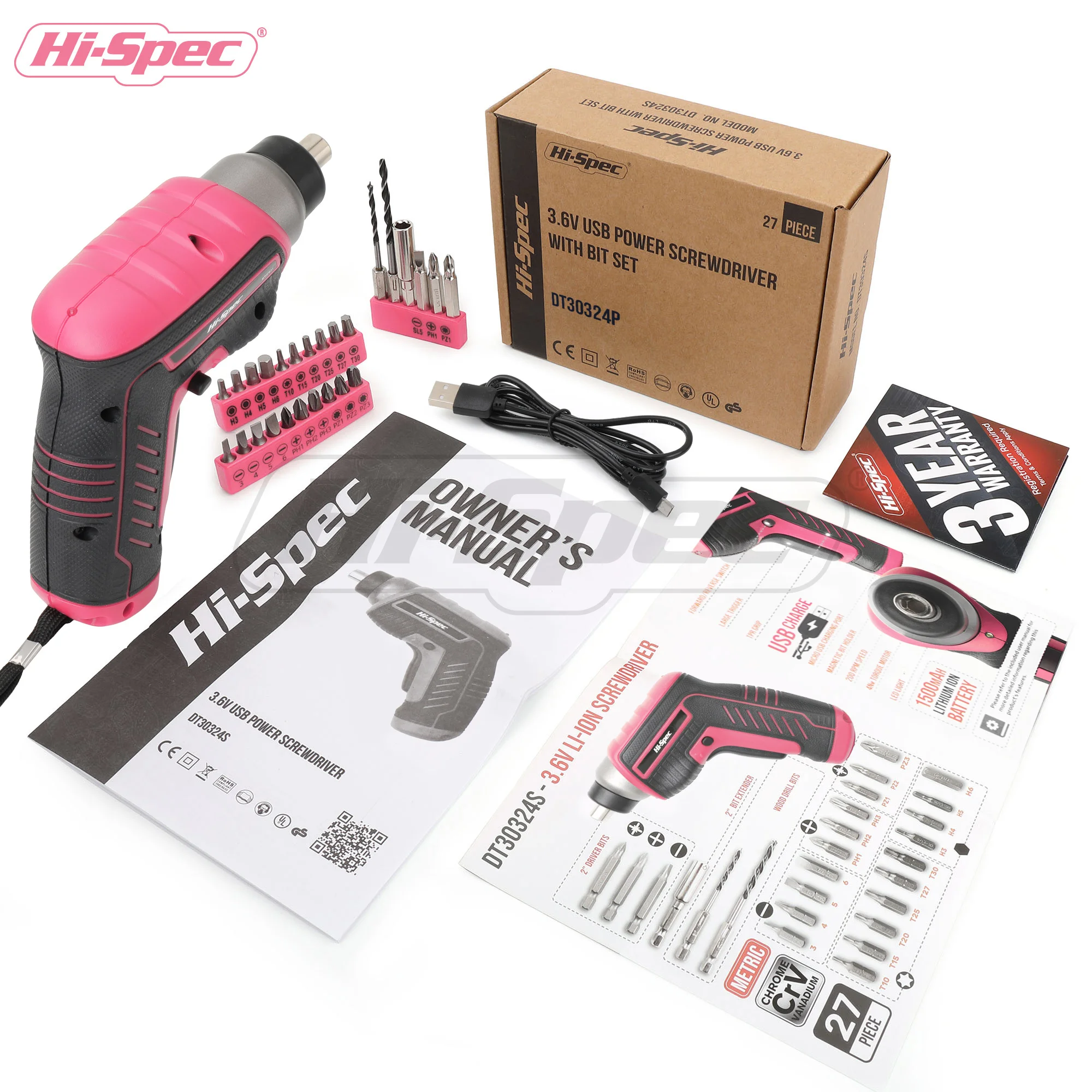 Hi-Spec Pink 3.6V Electric Screwdriver Rechargable Cordless Screwdriver Small Screw Gun USB Charge Powerful Electric Screwdriver