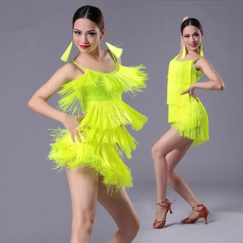 

Child Women Latin Dance Dress for Girls Tassel Fringe Ballroom Salsa Tango Dance National Standard Competition Practice Costumes