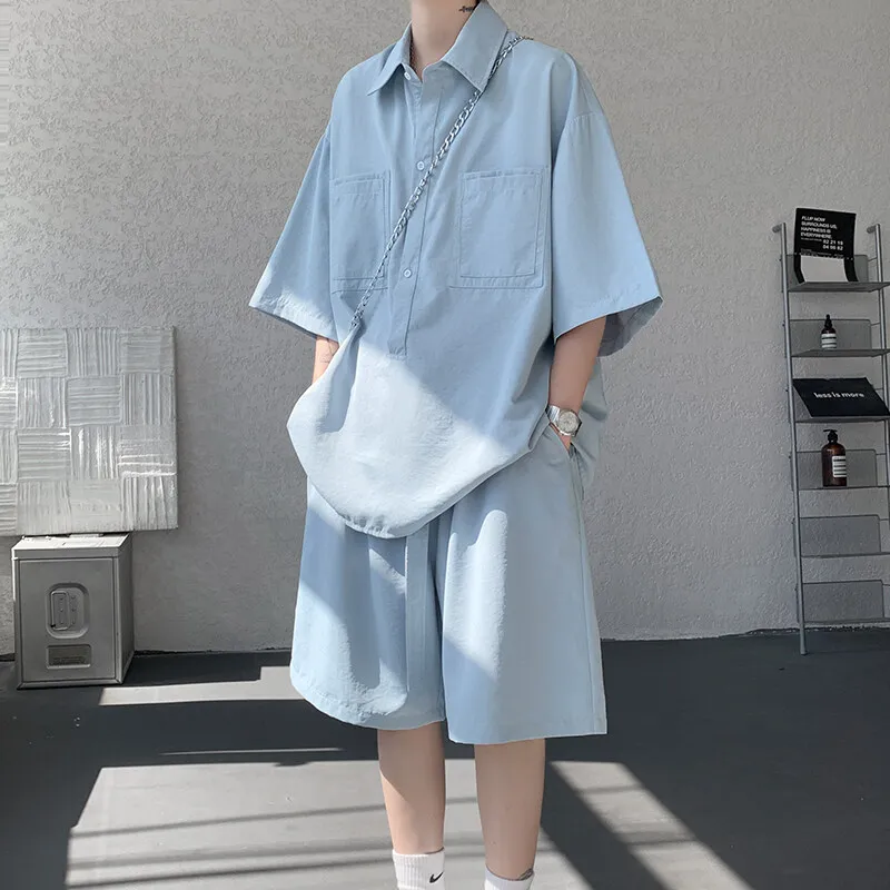 

Мужская однотонная рубашка больших размеров с двумя карманами и шорты с эластичной резинкой на талии — повседневная одежда большого размера из двух предметов, дышащая гостиная 5XL