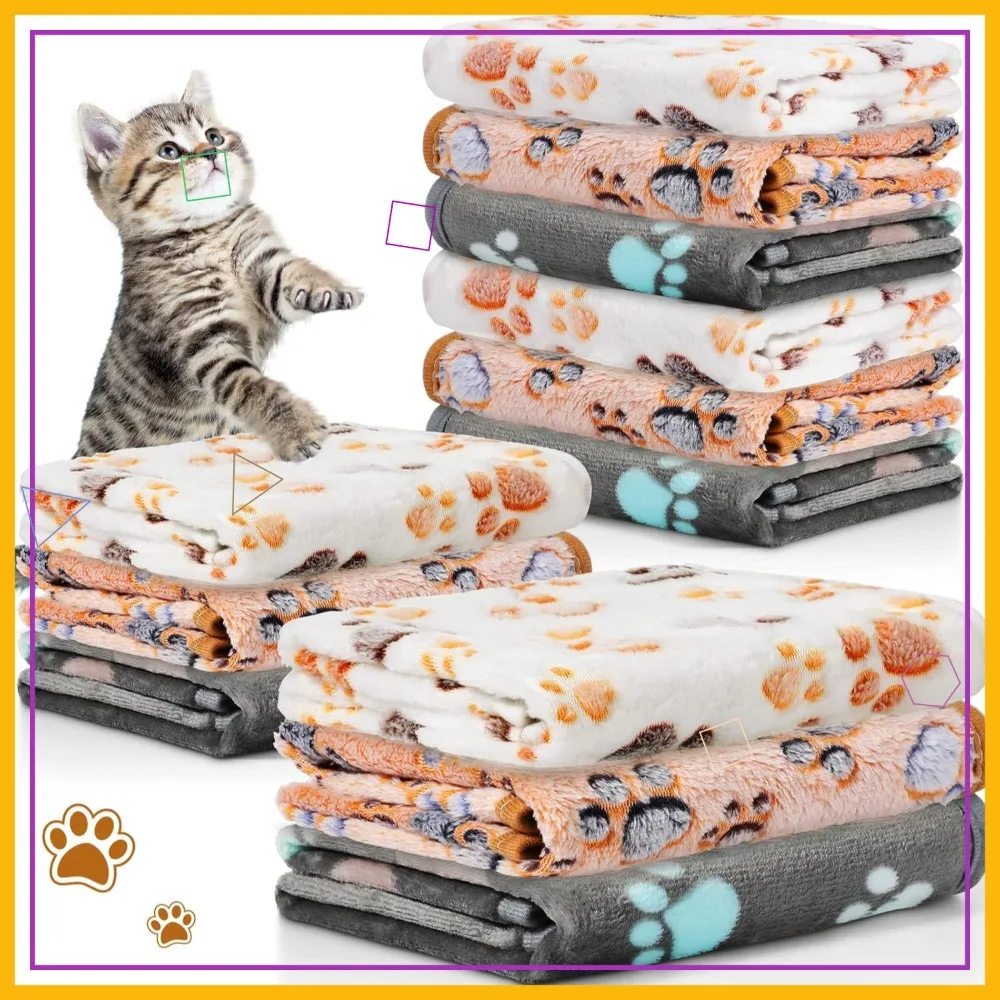 

12 Pcs Soft Fluffy Fleece Pet Blankets with Paw Print Pattern, Warm Throw for Dogs Cats (23x16 Inch, Dark Gray White Camel)