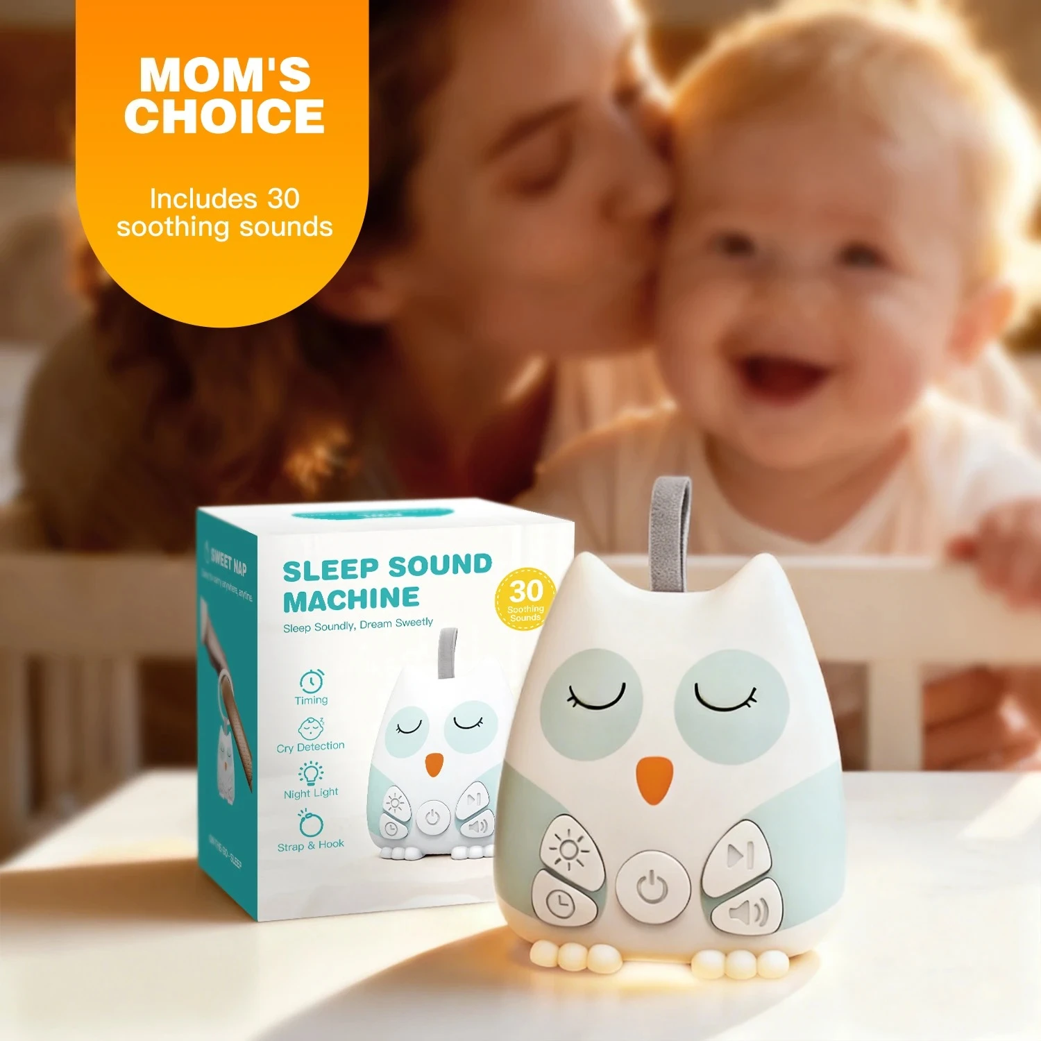 Machine à bruit blanc portable pour bébé, 30 sons apaisants, capteur de pleurs pour nourrissons avec veilleuse et minuterie, rechargeable