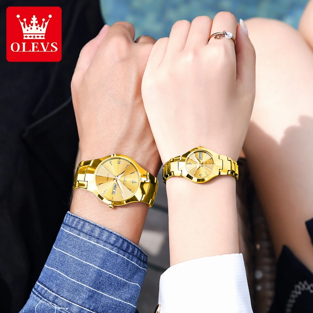 OLEVS Gold Couple Watch Fashion Tungsten Steel Quartz Watches for Women Mens Top Brand Luxury Week Calendar Lovers Wristwatch