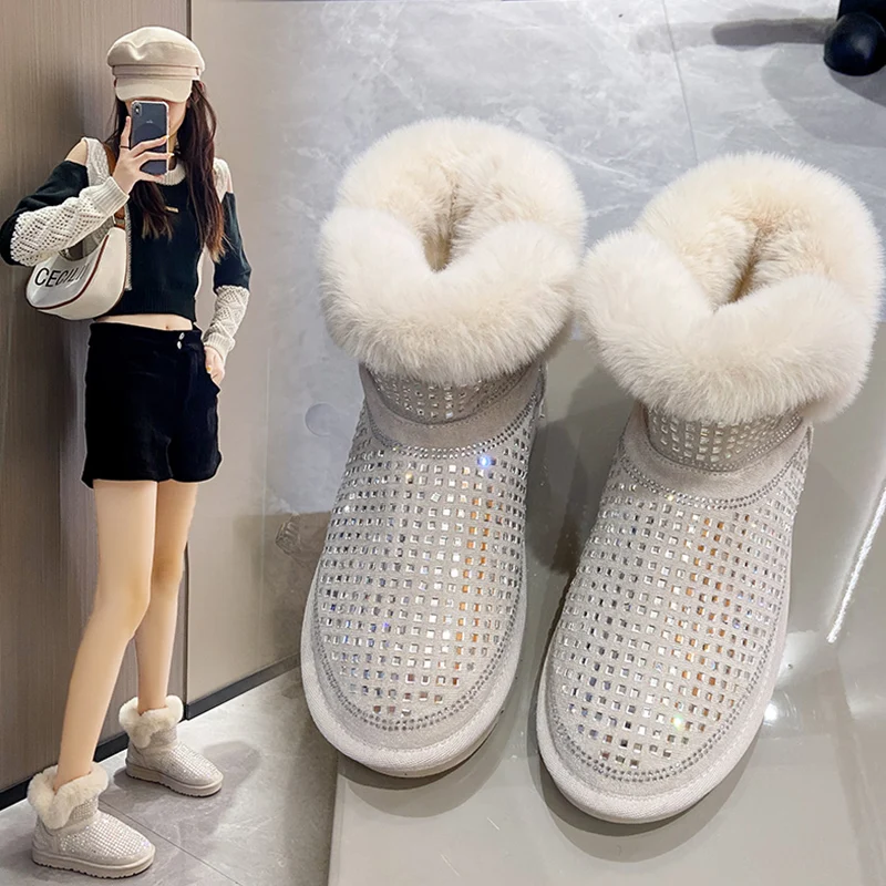 Women\'s Rubber Boots Plush Boots-Women Crystal  Bling Bling Flat Heel Australia Round Toe Female Shoes Rain Fur Low 2023 Leather