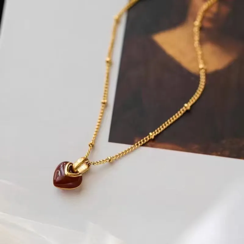 Sweet Cute Gold Color Stainless Steel Red Heart-shaped Pendant Necklace Stud Earrings for Woman Jewelry New Year Christmas Gifts