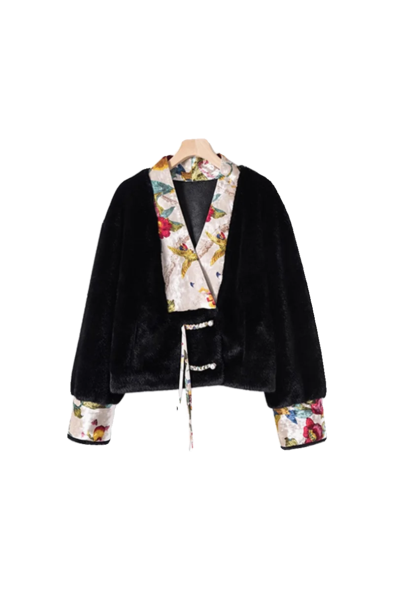 OERALCIS Chinese Sle Gold Mink Velvet Embroidered Patchwork V-ne Silhouette Coat Autumn Winter New Retro Large Coat