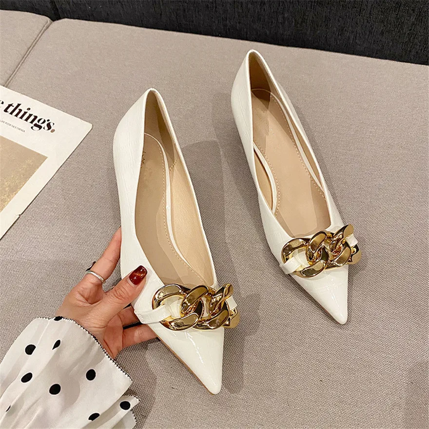 2024 Spring Casual Single Shoes Black Green Patent Leather Pointed Women Pumps Fashion Chain Shallow Office Lady Flat Heel Shoes