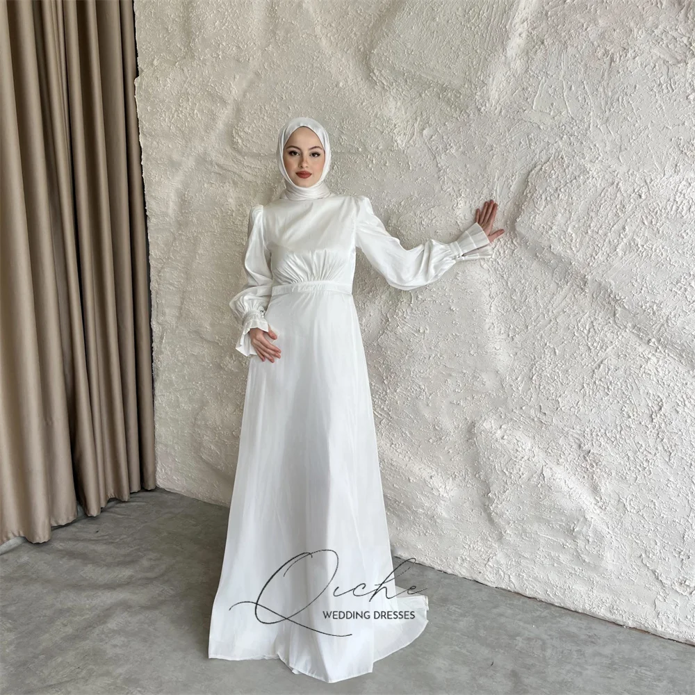 

QICHE Long Sleeves Muslim A-Line Wedding Dresses Women 2026 Pleat High Collar Floor-Length Modest Vestidos De Novia Customized