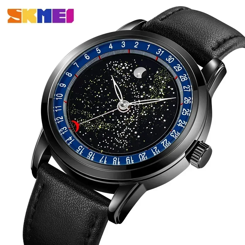 

SKMEI Mens Casual Genuine Leather Strap Date Wristwatch reloj hombre Japan Quartz movement Fashion Starry Sky Moon Phase Watches