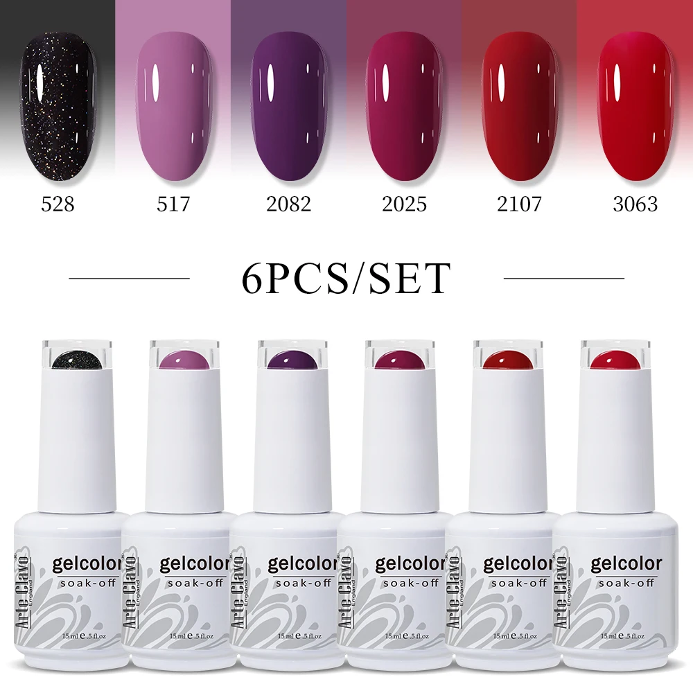 Arte Clavo 6 قطعة/المجموعة 15 مللي بريق شبه دائم مسمار الفن LED الأشعة فوق البنفسجية هلام مسمار البولندية سباركلي الأحمر الوردي هلام الورنيش مسمار لوازم كيت